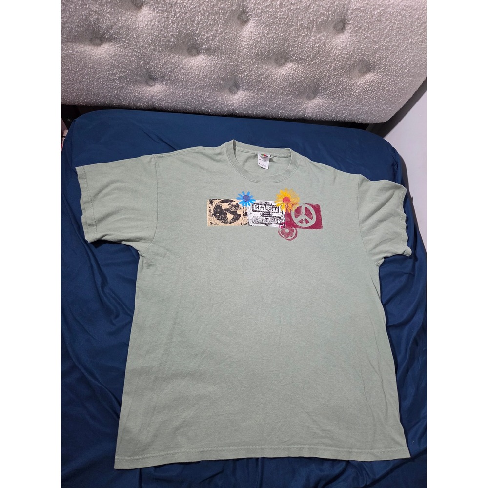 Fruit of the Loom Heavy Cotton Sage Green Graphic T-Shirt XL Peace Globe Sun